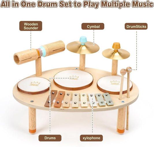 Drum Set for Toddler - Toys for 2 3 4 Year Old Girls Boy Gifts - 9 in 1 Wooden Montessori Musical Instruments with Xylophone for Kids 3-5, Christmas Birthday Gifts for Toddlers 2-4